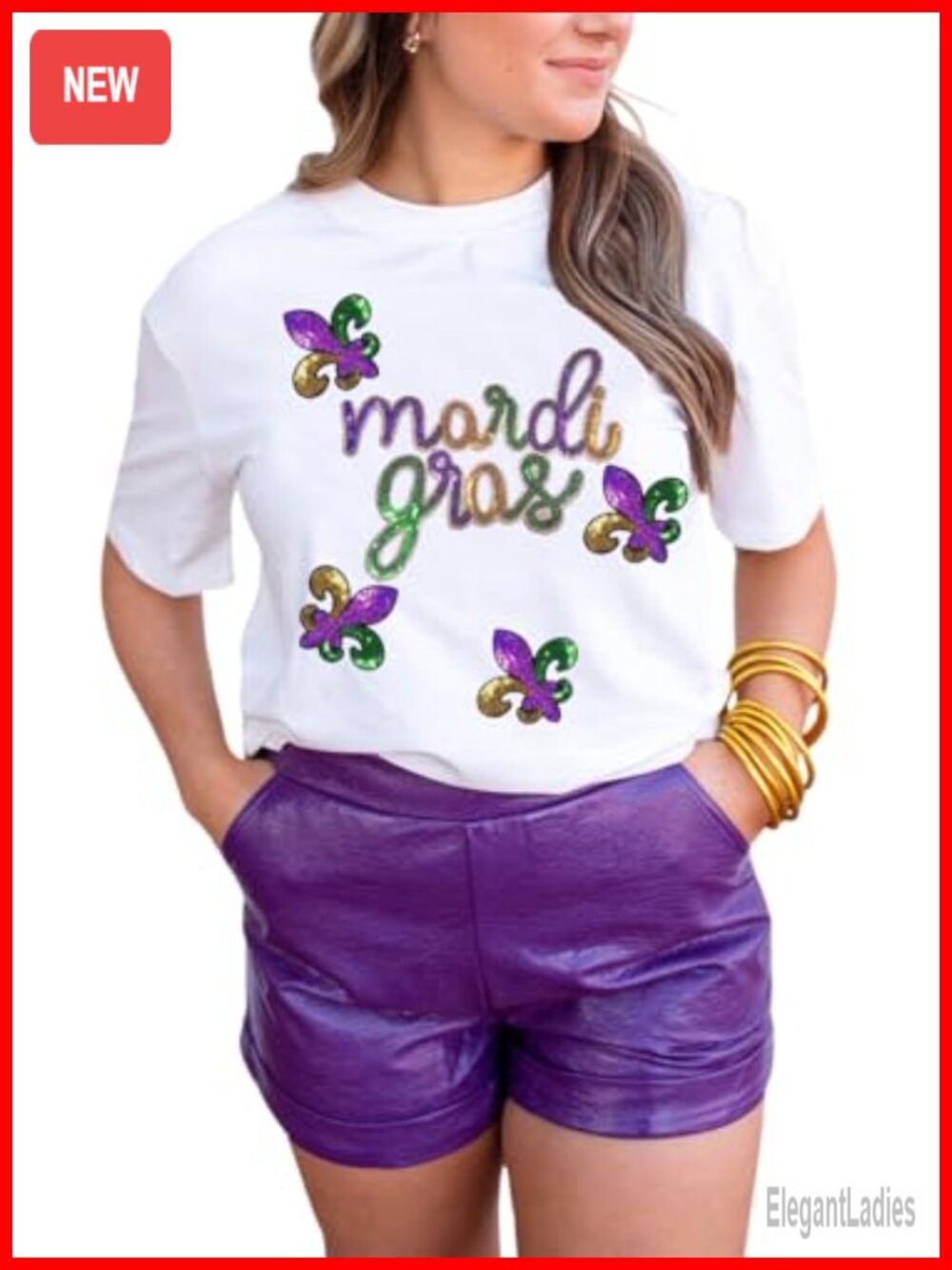 Mardi Gras Sequin Graphic Tee Short Sleeve Crewneck Carnival Top